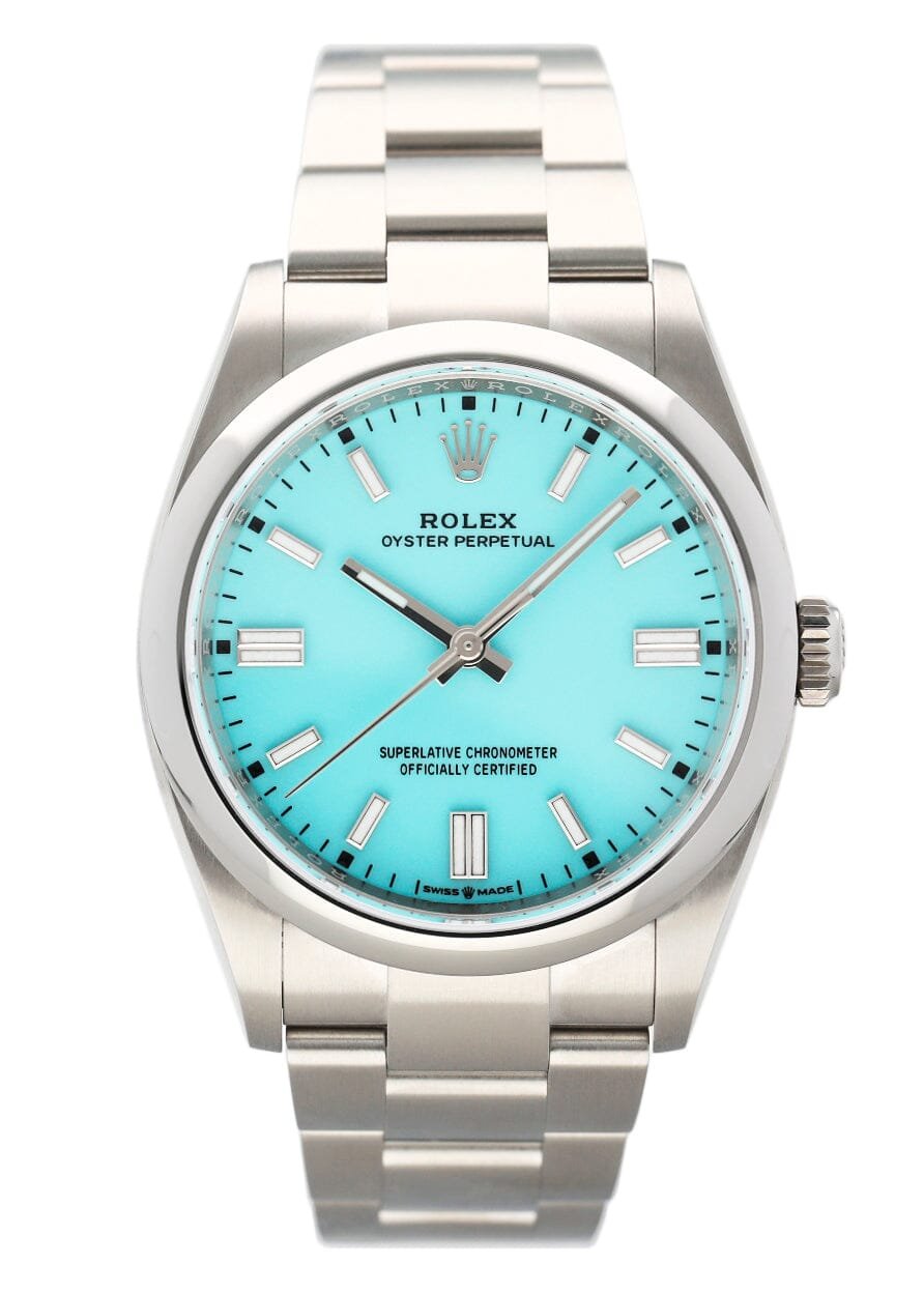 Rolex Oyster Perpetual Turquoise Dial 126000 Relógio Masculino Caixa e Documentos