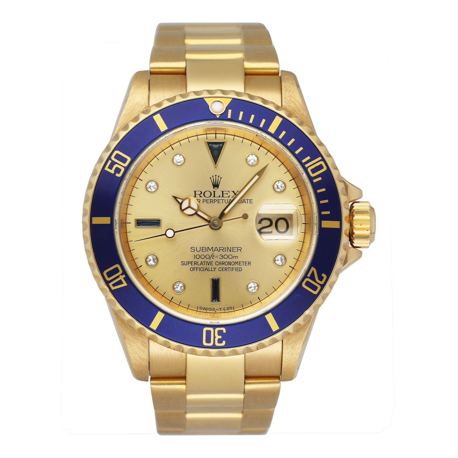 Rolex Submariner 16618 Serti mostrador champagne 18k ouro amarelo Relógio Masculino Caixa e Documentos